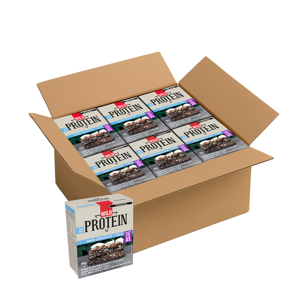Caja Master Wild Protein VEGANA Sabor Chocolate Coco 15 displays (75 barritas)
