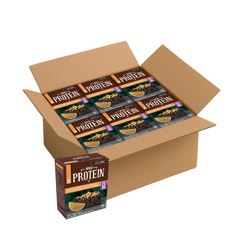 Caja Master Wild Protein VEGANA Sabor Chocolate Naranja 15 displays (75 barritas)