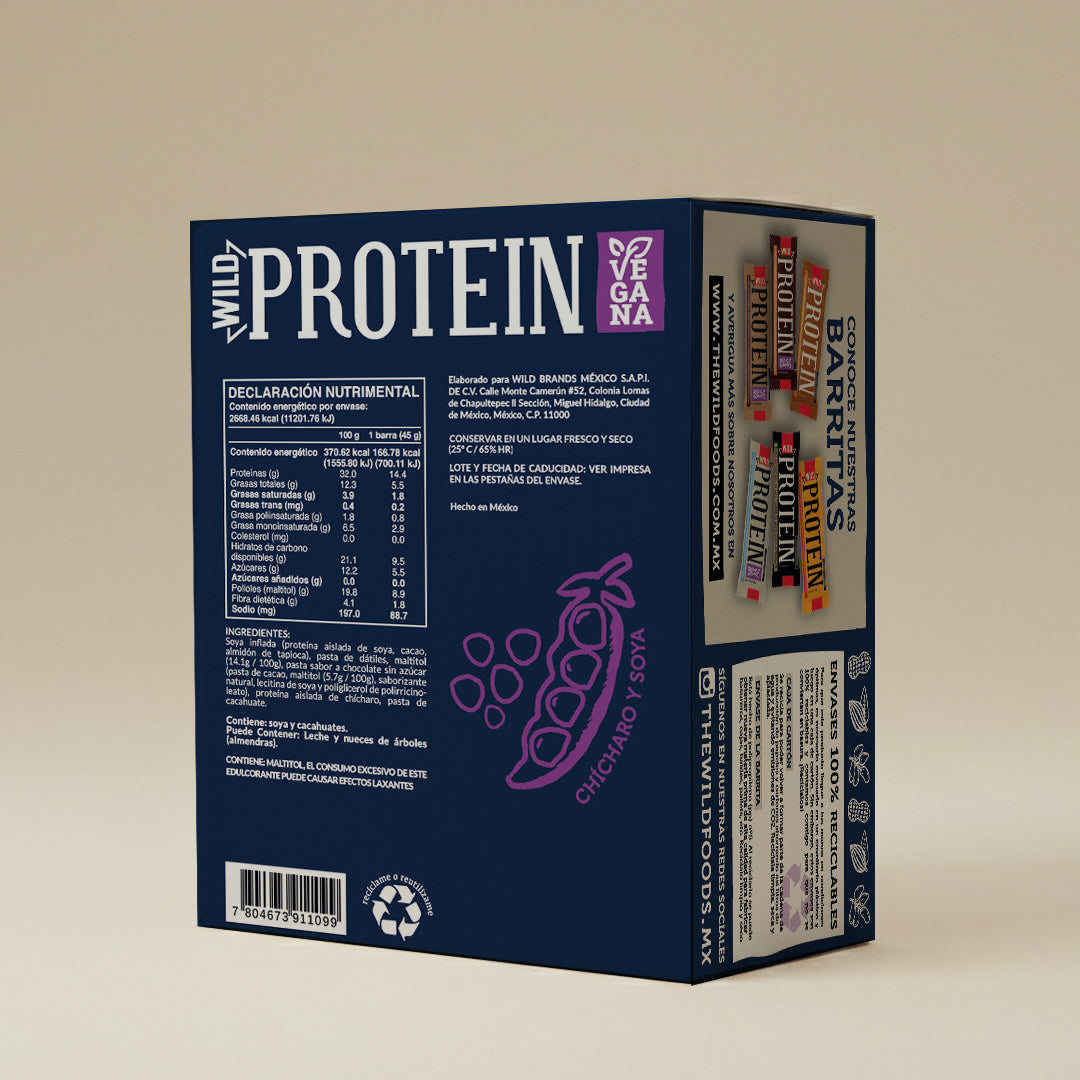 Caja Master Wild Protein VEGANA Sabor Chocolate Amargo 10 displays (160 barritas)