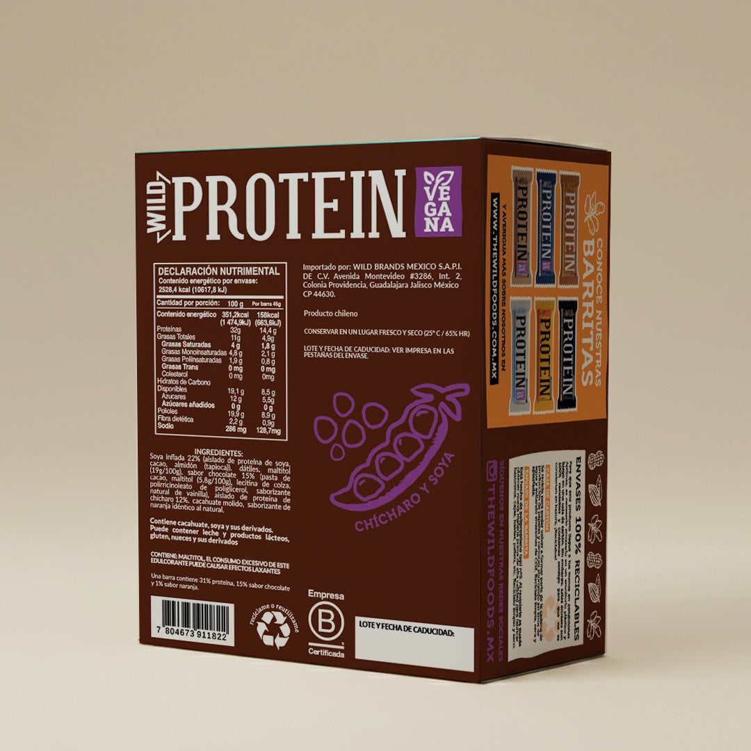 Caja Master Wild Protein VEGANA Sabor Chocolate Naranja 10 displays (160 barritas)