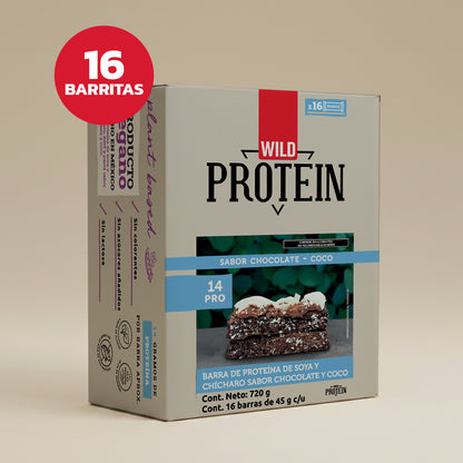 Caja Master Wild Protein VEGANA Sabor Chocolate Coco 10 displays (160 barritas)