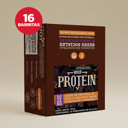 Caja Master Wild Protein VEGANA Sabor Chocolate Naranja 10 displays (160 barritas)