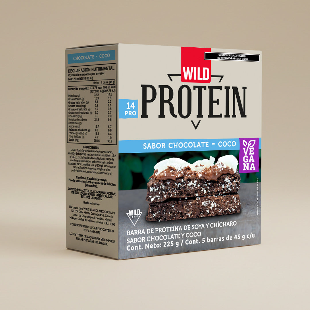 Caja Master Wild Protein VEGANA Sabor Chocolate Coco 15 displays (75 barritas)